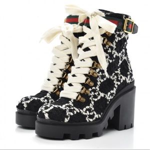 Tweed GG Monogram Lace Up Combat Ankle Boots Black